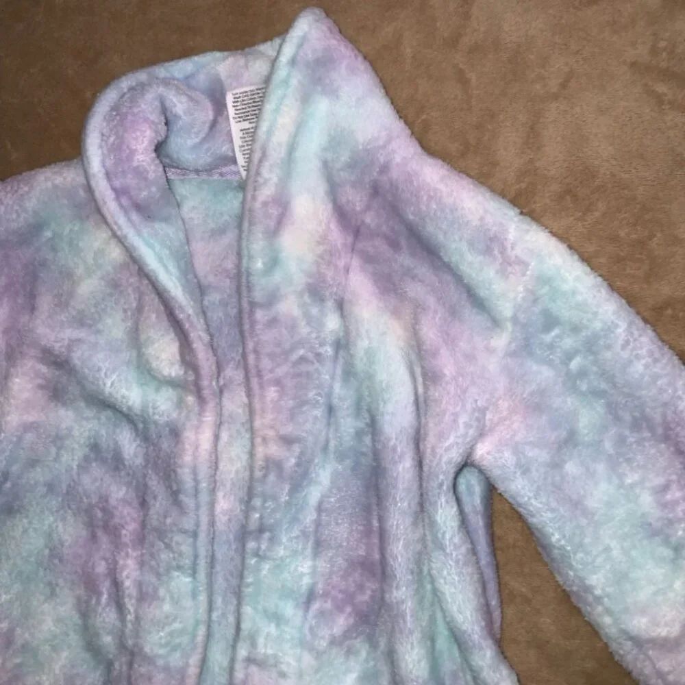 Wonder‎ Nation Girls XS (4-5) Purple Green Blue Tie-Dye Fleece House Coat Robe